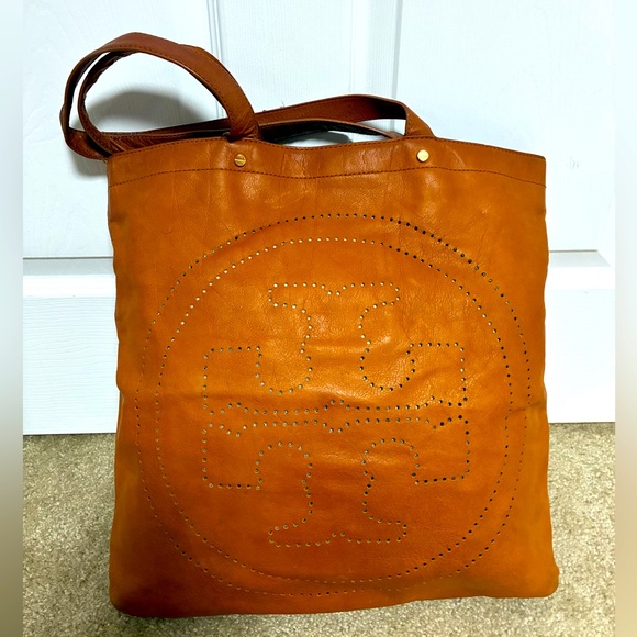 Tory Burch Handbags - Tory Burch all leather perforated large tote work bag laptop cognac workwear